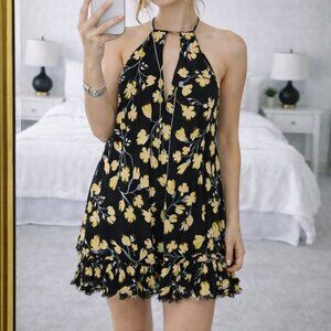 Free People Floral Raw Ruffle Babydoll Mini Tunic Dress Black Yellow